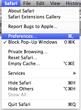 Safari menu dropdown window