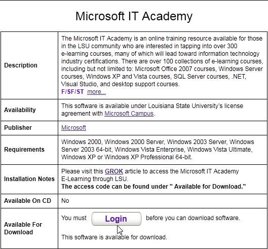 screenshot myLSU: Microsoft IT Academy in Tigerware