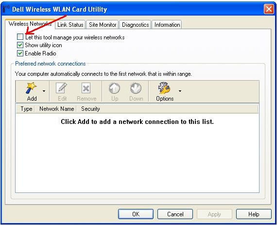 screenshot of Dell Wireless WLAN Card Utility Window