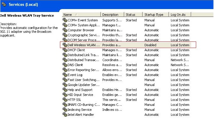 screenshot of Administrative Tools Dell Wireless WLAN window