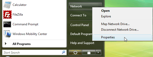 On the "Start Menu", right-click on "Network" and click "Properties".