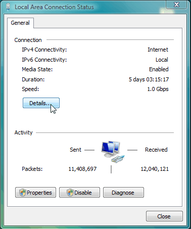 Click "Details" in the "Local Area Connection Status" window.