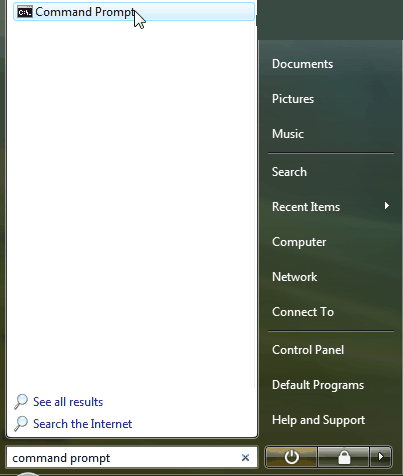 Type "Command Prompt" in the search field under the "Start" menu then click "Command Prompt".