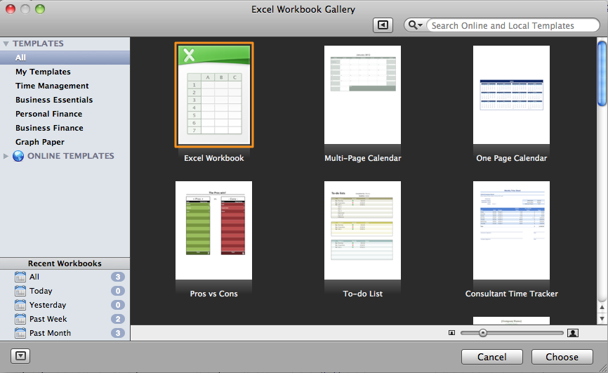 screenshot of the excel workbook gallery window - choose option.