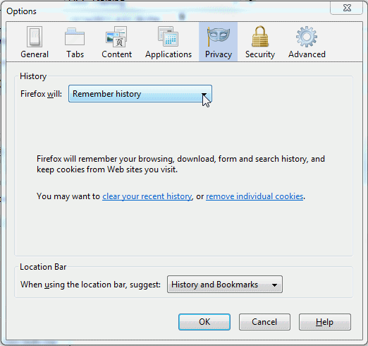 screenshot of the Privacy tab: Remember history