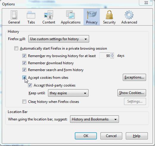 screenshot of the Accept cookies from sites checkbox.