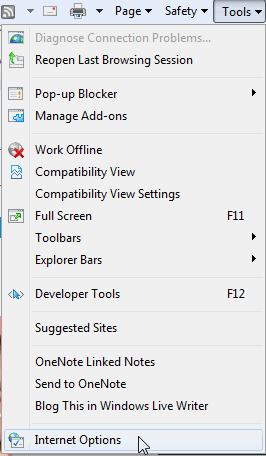 screenshot of the Internet Explorer Tools menu - internet options command.