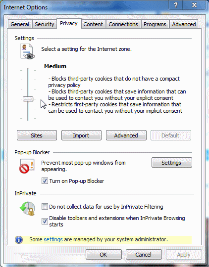 screenshot of the Internet Explorer Privacy tab