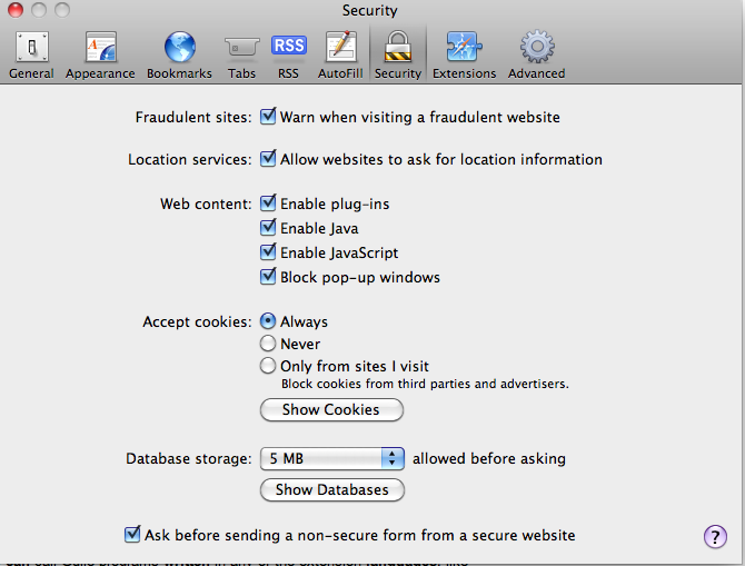 screenshot of the Safari privacy tab