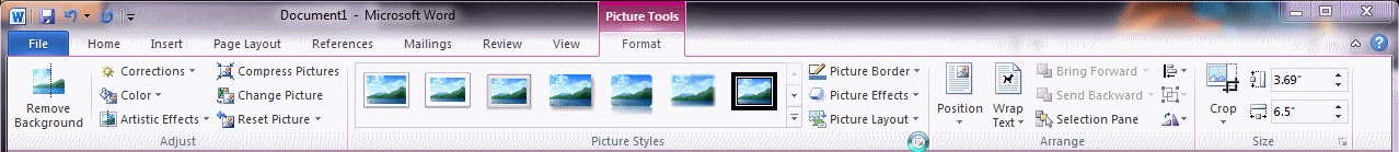 Screen shot of Microsoft Word 2010 menu bar highlighting Picture Options arrow in bottom right corner