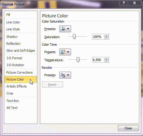 screenshot of the Format Picture menu in Microsoft Word 2010 highlighting Picture Color tab