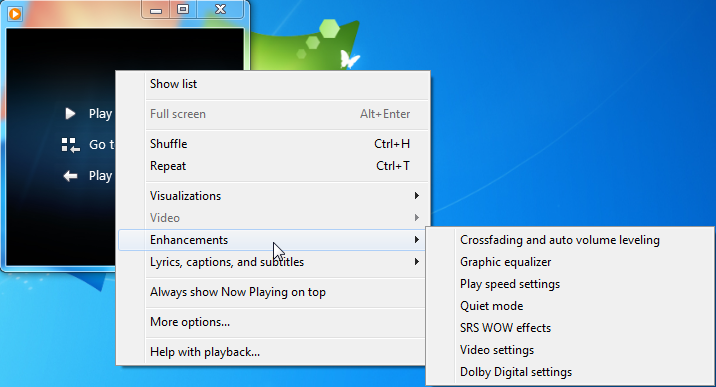 screenshot of enhancements drop menu