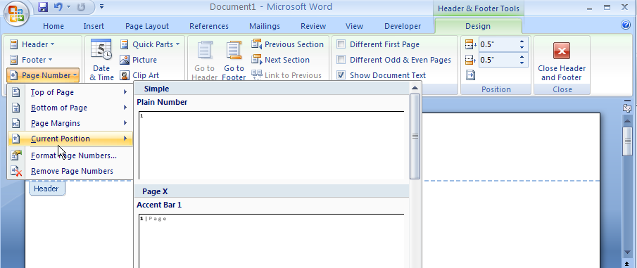 Word 2007: Add Page Number to Header or Footer