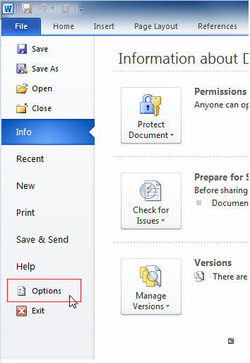 screenshot of the options button on the info tab.