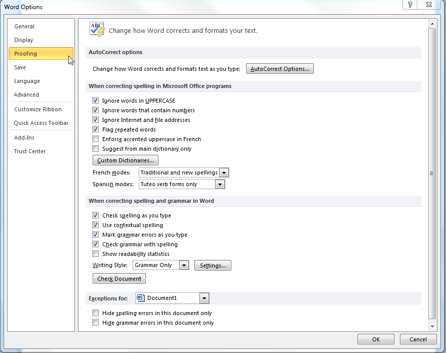 screenshot of the proofing tab.