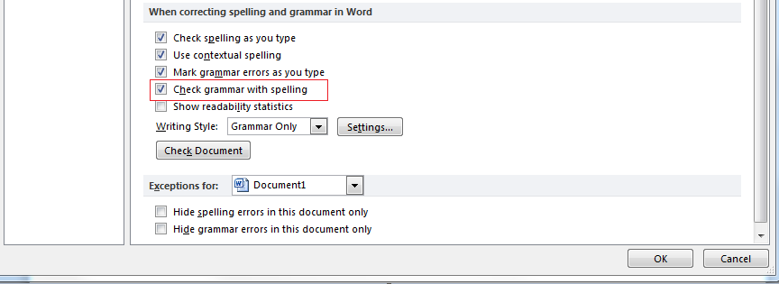 screenshot of the Check grammar with spelling checkbox.