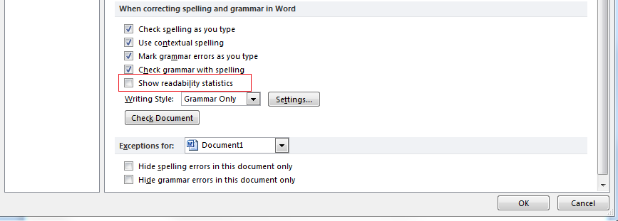 screenshot of the Show readability statistics checkbox.