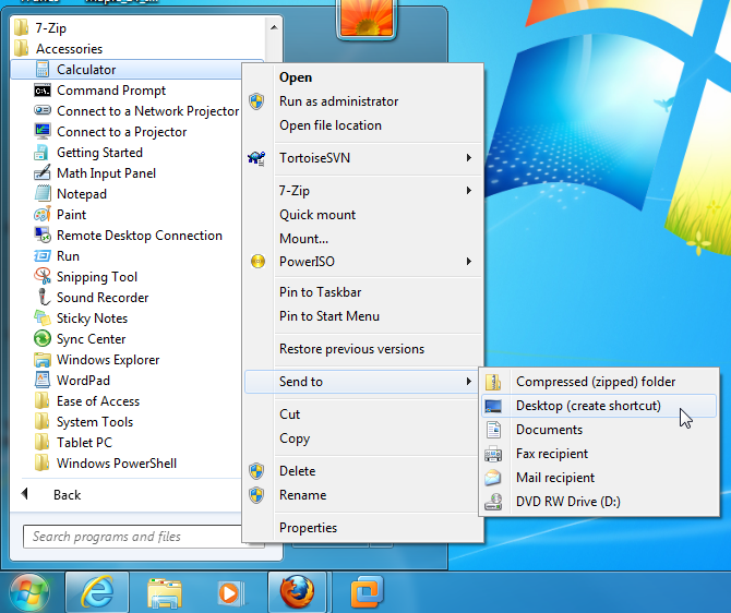 screenshot of an opened start menu with send to desktop highlighted