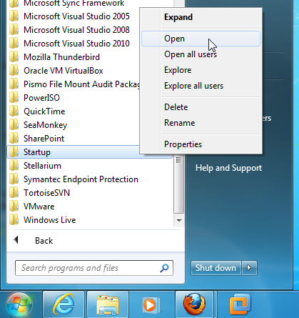 screenshot of start up folder with the open option highlighted