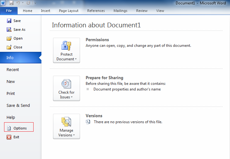 screenshot of file, info option