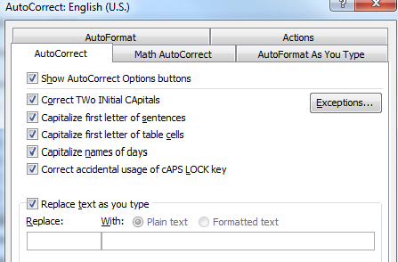 screenshot of replace text as you type option in autocorrect dialogue box