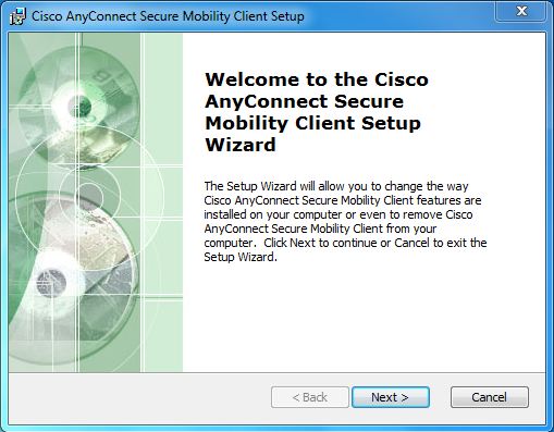 screenshot of cisco Any Connect Secure mobility client setup window