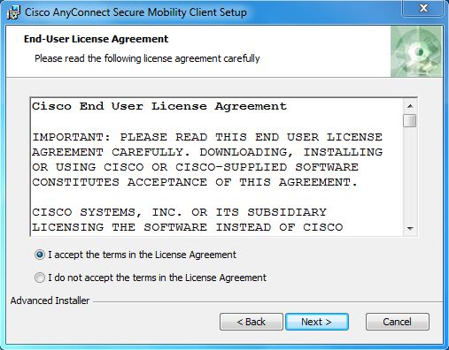 screenshot of the terms and license agreement
