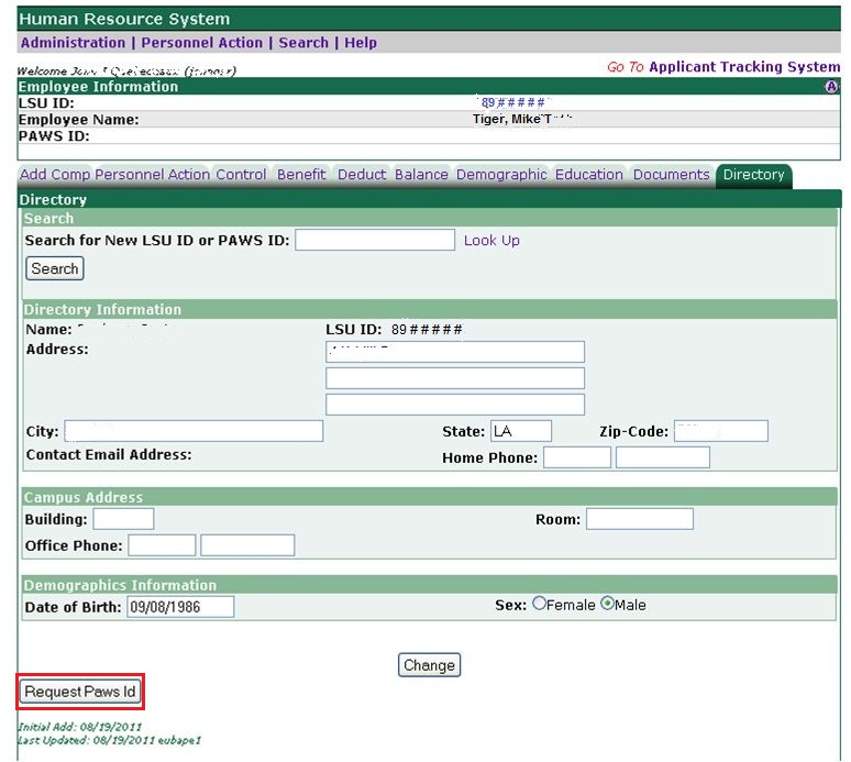 screenshot of HRS 2 in myLSU Portal with request paws id highlighted