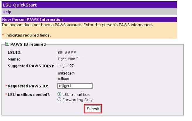 screenshot of HRS: New Person Request with submit highlighted