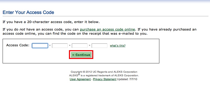screenshot of the ALEK Enter Your Access Code