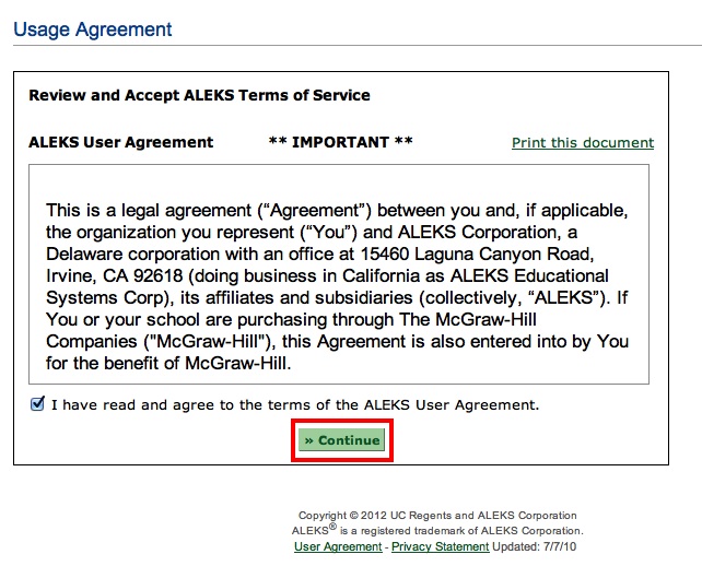 screenshot of the ALEK Assessment test User agreement