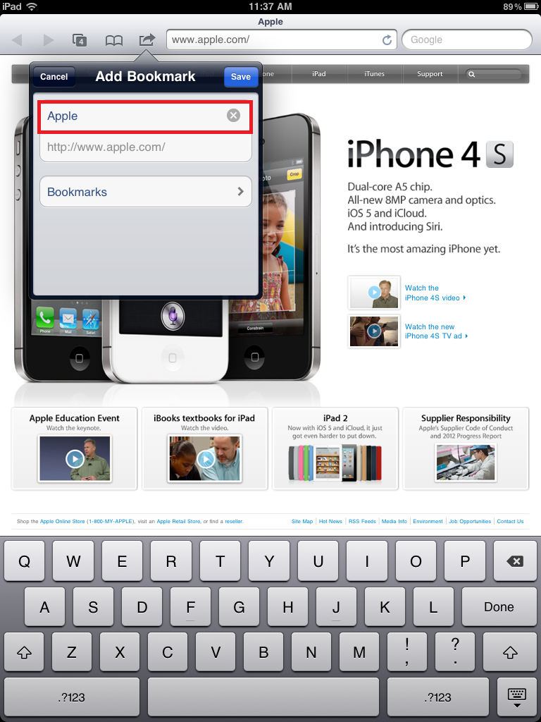 Screen shot of naming bookmark