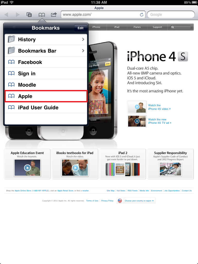 Screen shot of bookmark list