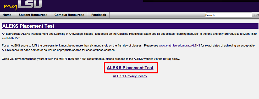 screenshot of the myLSU Portal ALEKS Placement Test Select