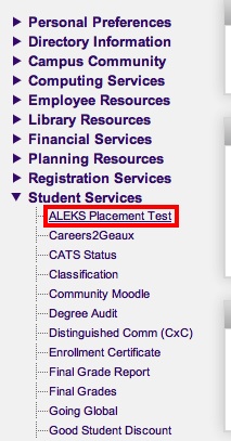 screenshot of the myLSU ALEKS Placement Test Access