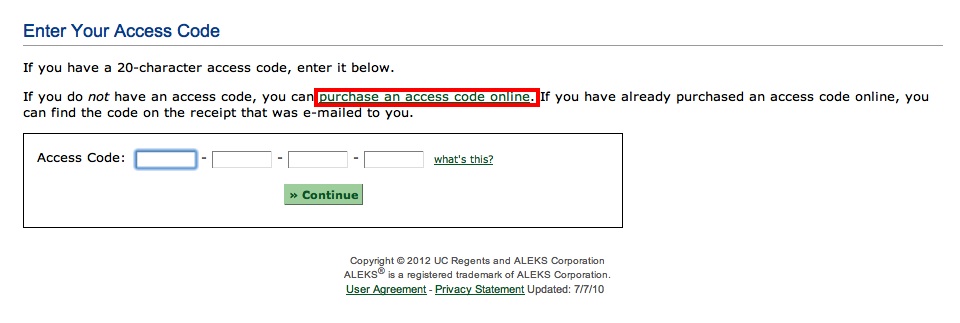 screenshot of the Enter Your Access Code