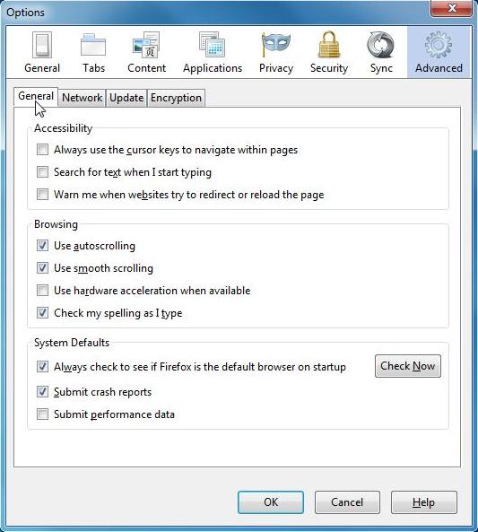 Screenshot of firefox options window
