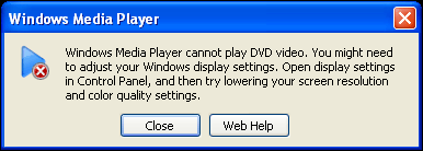 Screen shot of Windows Media Player error