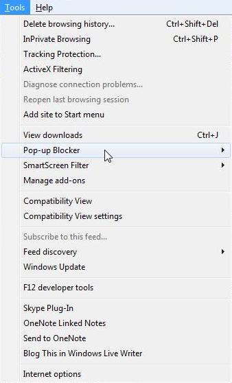 Screenshot of the pop-up blocker command on the tools toolbar.
