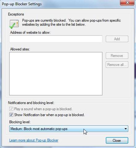 Screenshot of the pop-up blocker settings dialog box.