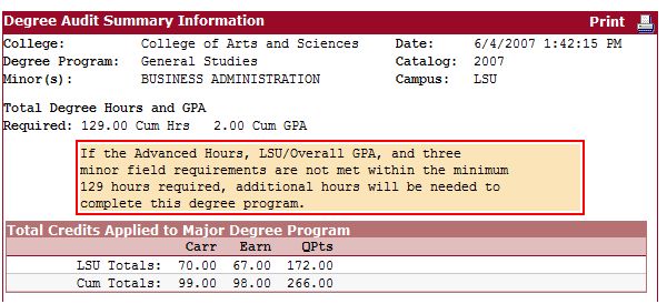 screenshot of the degree audit summary window.