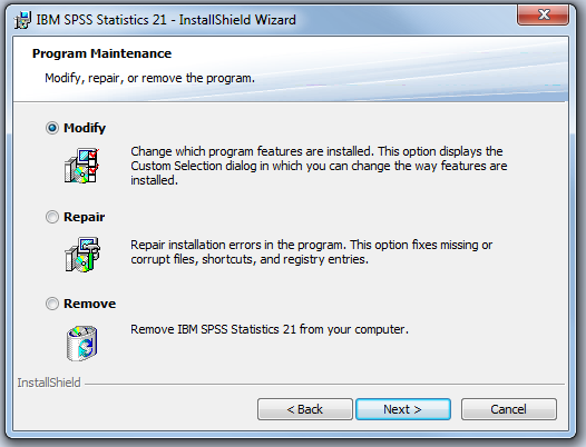 screenshot of install or select modify