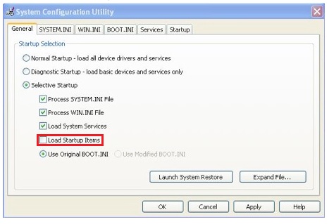 screen shot of system configuration utility with load startup items highlighted