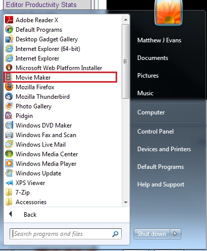 screenshot of start menu with movie maker highlighted