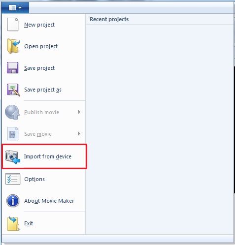 screenshot of file drop menu in movie maker with import highlighted