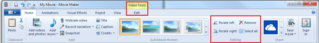 screenshot of movie maker toolbar with edit tab and editing/ rotating section highlighted