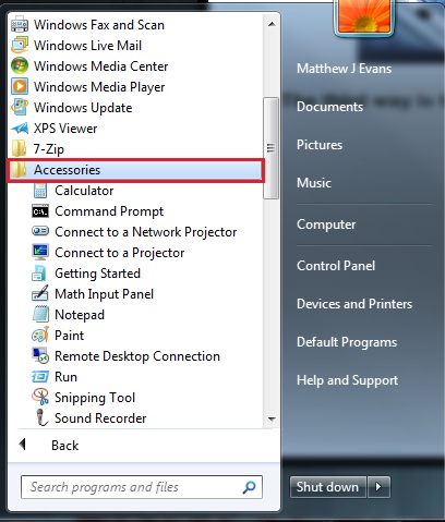 screenshot of accessories highlighted on start menu
