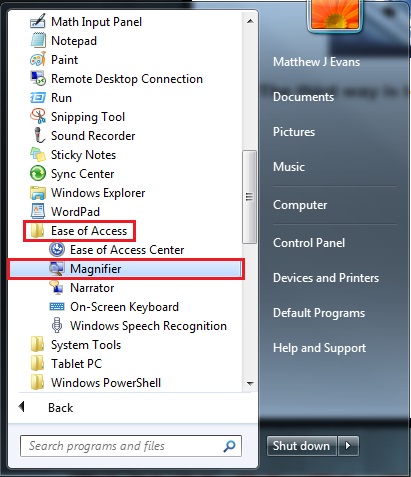 screenshot with ease of access folder and magnify highlighted