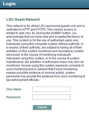 This shows the LSU Guest Network login window.