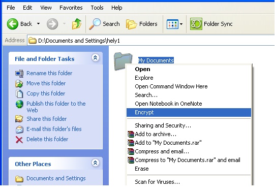 screenshot of Documents and Settings window